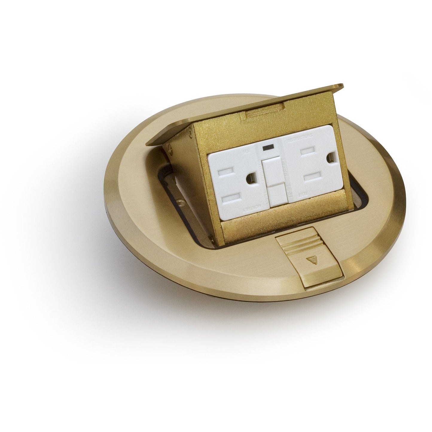 Lew Electric PUFP-B round brass pop-up floor box cover with GFCI receptacle