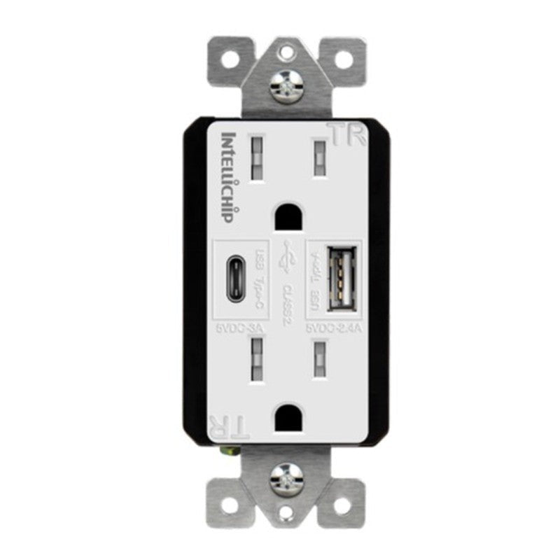 Enerlites USB Tr Receptacle 1A1C 5.8A 15A 125V 5-15R White (Light Almond/Black Covers Incl.) 61501-TR2USB-1A1C-W