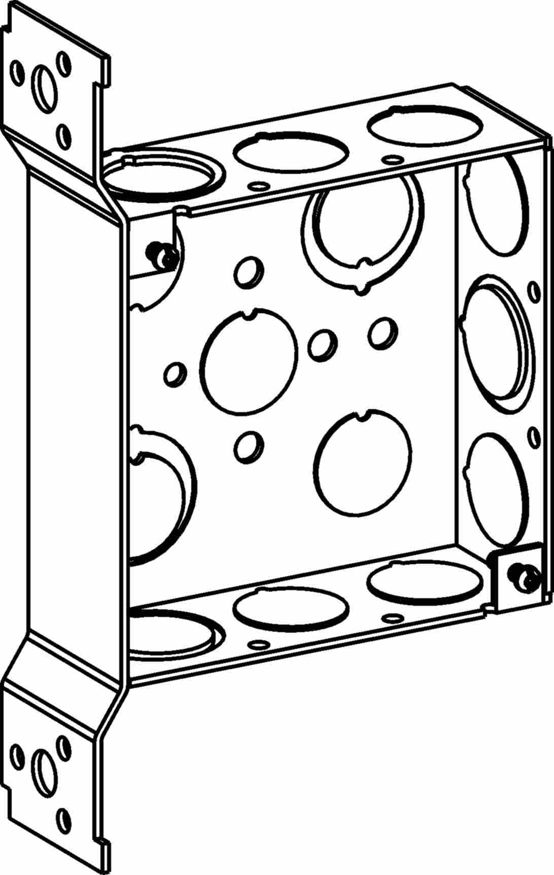Orbit 4 in Square 1-1/2 in Deep 4S Square Steel Box 1/2 in and 3/4 in Mixed Knockouts FB Bracket 4SB-MKO-FB