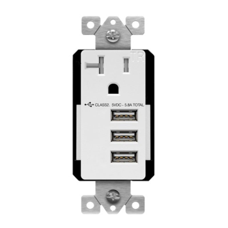 Enerlites Single Tr Receptacle With Three Type A 5.8A - Cu White 61200-TR3USB-CU-W