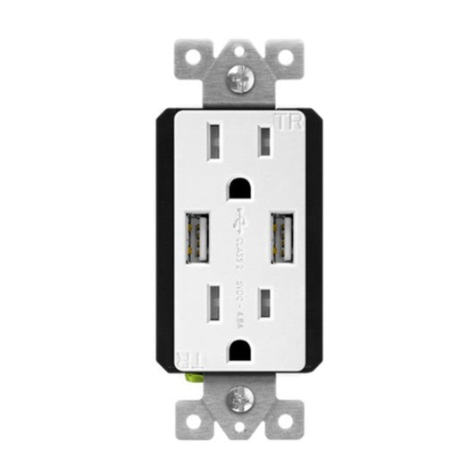 Enerlites USB Tr Receptacle 2A 4.8A 15A 125V 5-15R White (Light Almond/Black Covers Incl.) 61501-TR2USB-CC-W