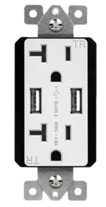 Enerlites USB Tr Receptacle 2A 4.8A 20A 125V 5-20R White (Light Almond/Black Covers Incl.) 62001-TR2USB-CC-W