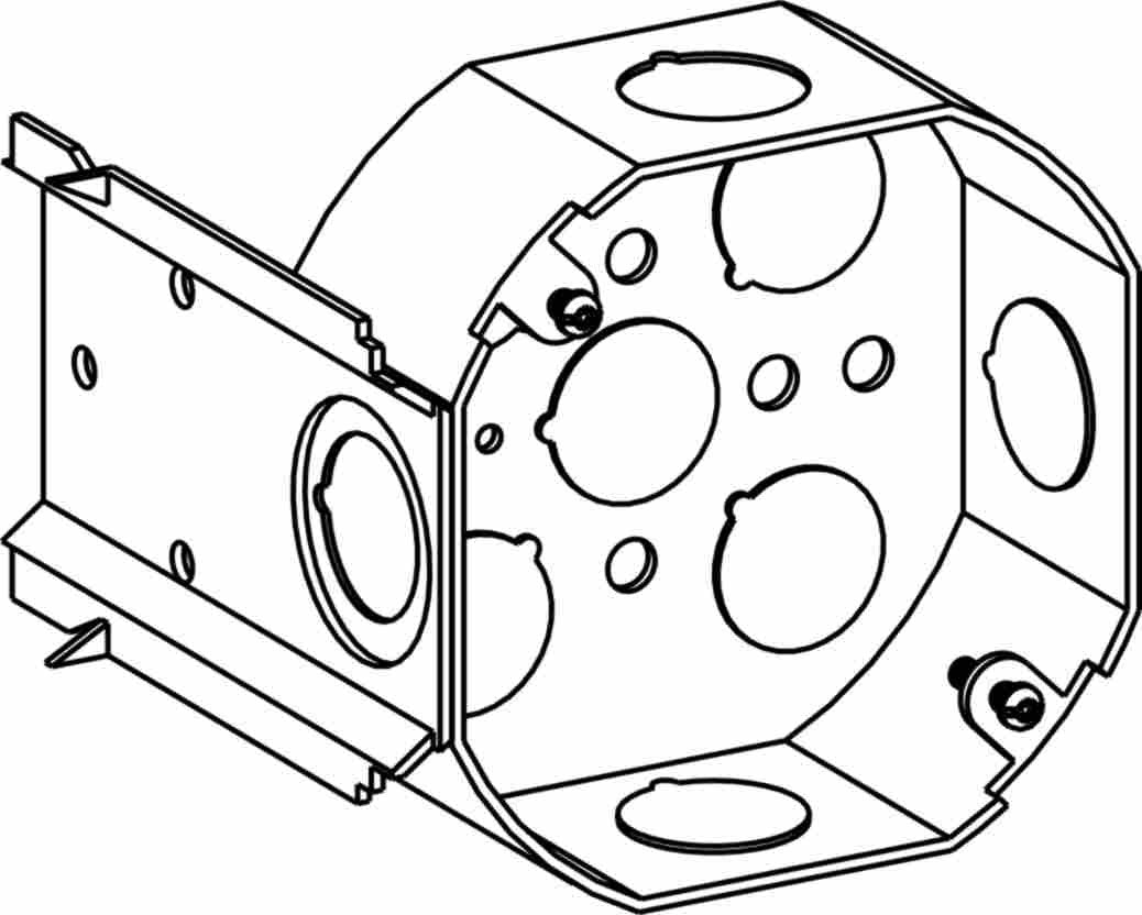 Orbit 4 in Octagon 1/2 in Deep 4O Octagon Steel Box 1/2 in Knockouts LB Bracket 4RB-50-LB