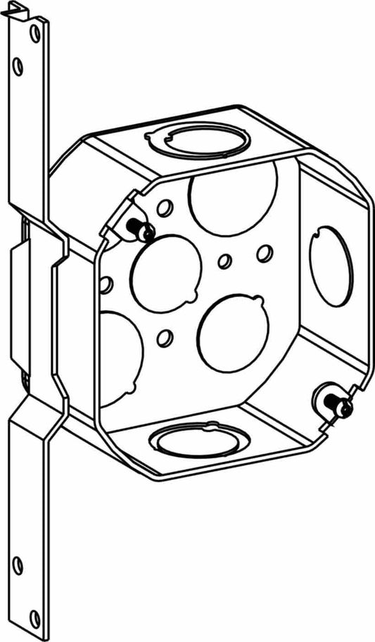 Orbit 4 in Octagon 1-1/2 in Deep 4O Octagon Steel Box 1/2 in and 3/4 in Mixed Knockouts FB Bracket 4RB-MKO-FB