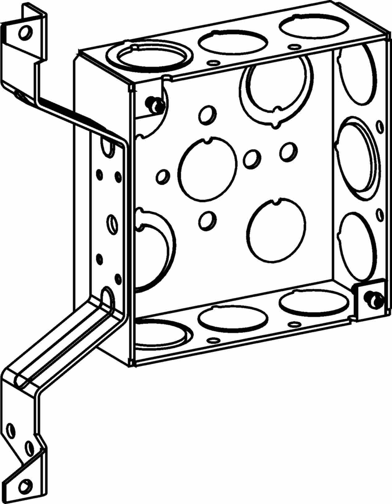Orbit 4 in Square 1-1/2 in Deep 4S Square Steel Box 1/2 in and 3/4 in Mixed Knockouts Offset Bracket 4SB-MKO-OB