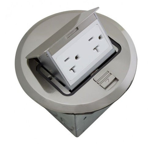 Orbit Floor Box Popup with Duplex Recep, Round Cover, Stainless Steel FLBPUDRSS