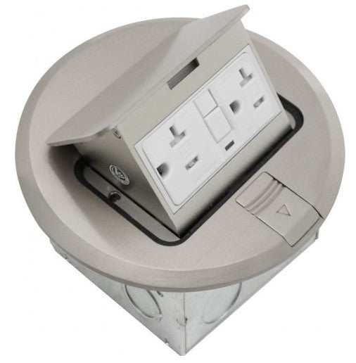 Orbit Floor Box Popup Round with Cooper GFCI Recept., Stainless Steel FLBPUGRSS