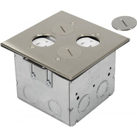 Orbit Floor Box Rnd Plug Type, (Sqr. Plt)W 2 Recept.(T.R.), Stainless Steel FLBR2GDDSS